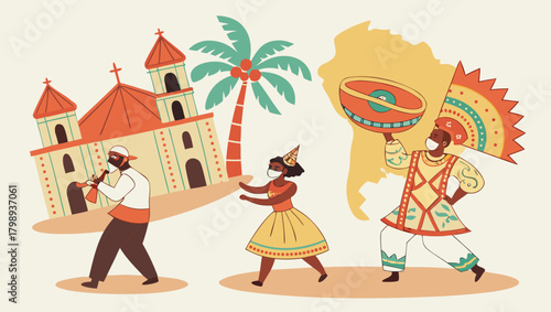 Brazilian cultural celebration with landmarks, music, and traditional attire