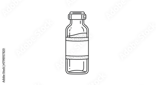 A clear glass vial with a white label and a cap is shown in a drawing.