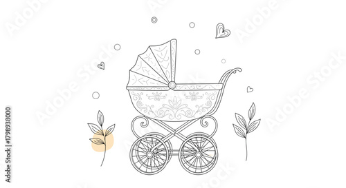 A vintage baby carriage illustration in a delicate line art style for nursery decor.
