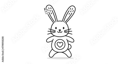 A simple outline drawing of a cute bunny character with a heart on its chest is standing on its hind legs with its front paws outstretched as if dancing or waving happily.