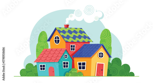 A charming collection of colorful homes nestled amongst green trees.