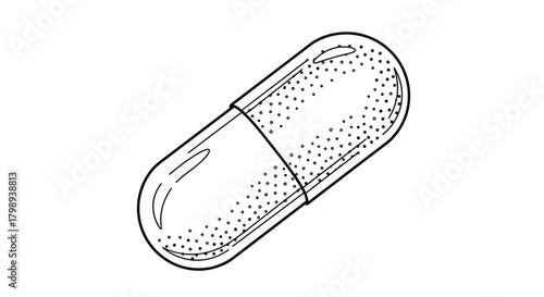 A detailed drawing depicts a single capsule with its two halves slightly separated revealing a granular filling inside.