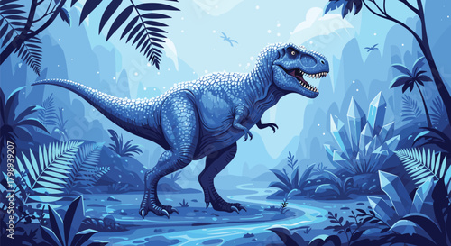 A majestic Tyrannosaurus Rex walks through a prehistoric jungle with blue hues.