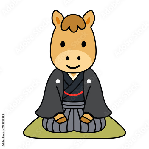 袴姿で正座する馬のミニマルイラスト（干支・お正月・あいさつ・フォーマル）