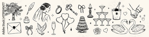 Whimsical wedding romance collection. Vintage hand drawn bouquet, bride, ring, key, cake, balloons, champagne, swan couple and party sketch icons.