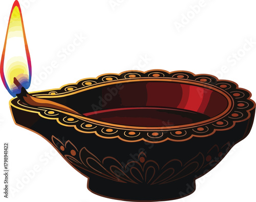 Traditional Diwali Diya Oil Lamp Vector Illustration with Flickering Flame and Intricate Indian Festive Design, Symbolizing Light, Prosperity, and Hope on a Transparent Background.