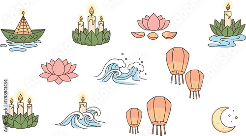 Hand-Drawn Floating Lantern Icons: Cute Sky Festival, Celebration & Lantern Doodle Vector Set