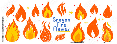 Set of crayon drawn fire flames. Grunge style elements with scribble texture.