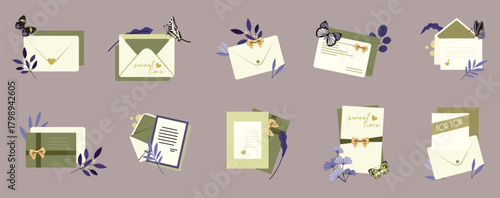 Envelope cards icons vector bundle set. a variety of envelope styles, open mail, greeting cards, message icons, and postal elements.