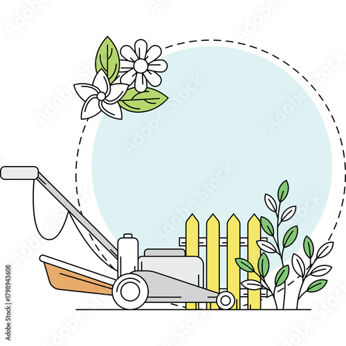 Illustration Of A Lawnmower Next To A Yellow Picket Fence With Flowers And Green Leaves Against A Light Blue Circular Background With Dashed Border