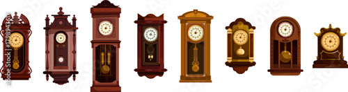 Hanging clocks vector bundle set. home decor illustrations, interior design projects, branding, infographics, and time-related concepts.