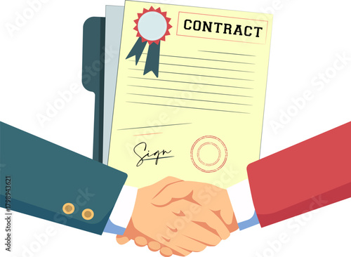 Man shaking hands over a signed contract vector file. 