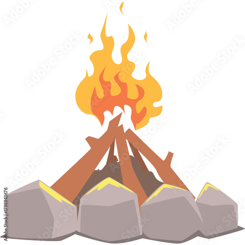 Illustration of a campfire with orange flames and yellow embers on a white background with gray rocks and brown logs