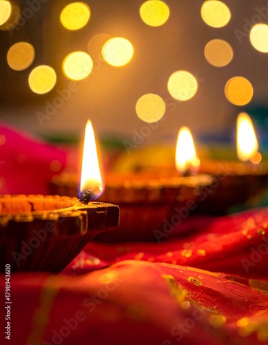 Close-up of four glowing oil lamps on a vibrant red cloth, with blurred golden lights in the background