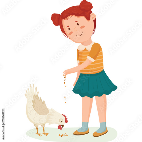 Illustration of a cheerful young girl with auburn hair and playful buns feeding a white chicken with seeds on a light green grassy surface with a transparent background
