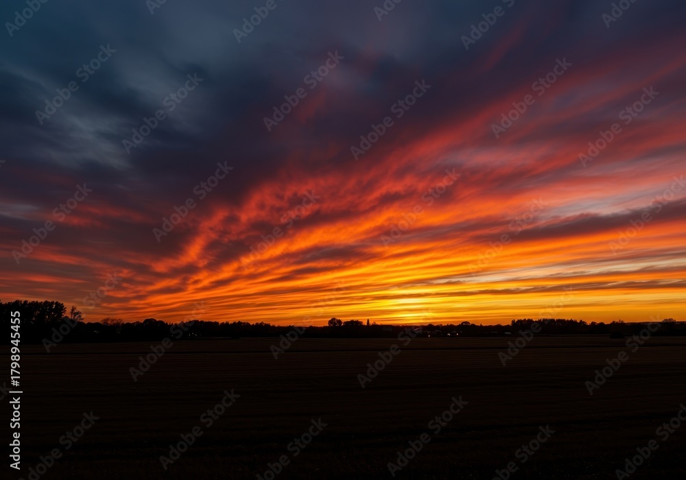 Obraz premium Dramatic evening sky ablaze with brilliant fiery colors reflecting across the horizon during the peaceful twilight hour ,tropical ,glowing ,warm