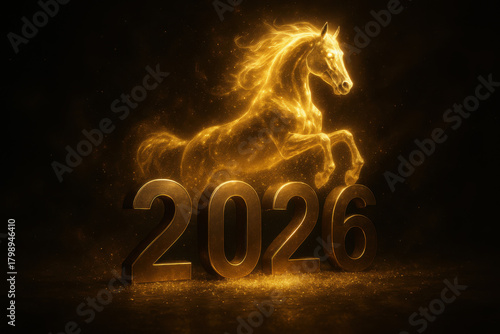 Golden glowing horse spirit leaping above metallic 2026 digits on dark background in magical celebration themed artwork.