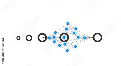 Abstract representation of a neural network with interconnected nodes and layers symbolizing artificial intelligence and data processing