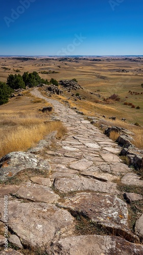 Cobblestone Path Leading Up Overlook Plains Rolling Hills Landscape