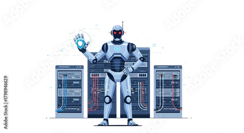 Futuristic robot with glowing red eyes and a shield symbol protecting server racks in a data center