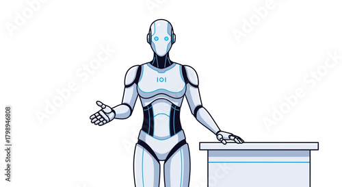 Futuristic humanoid robot with glowing blue eyes and a clean white and blue design stands next to a modern desk