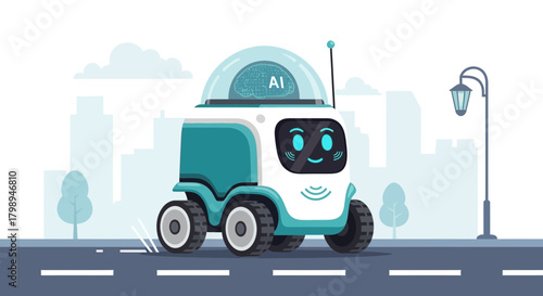 Friendly ai robot vehicle with a digital brain drives on a city street with buildings and a streetlamp in the background