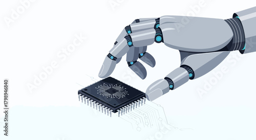 Robotic hand carefully placing a microchip onto a circuit board representing advanced technology and artificial intelligence