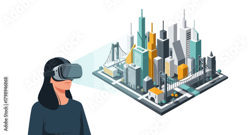 Woman wearing virtual reality headset experiencing an immersive digital cityscape with skyscrapers and bridges in a futuristic metaverse concept