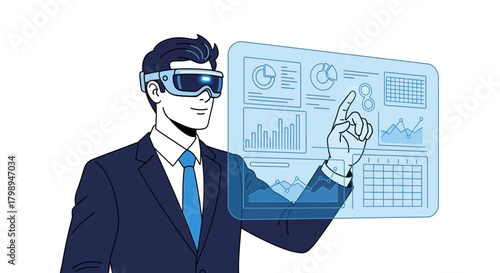Businessman wearing virtual reality goggles interacting with a futuristic holographic display of financial charts and data analytics