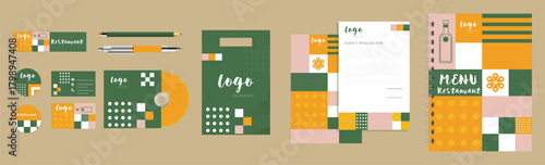 Restaurant Brand Identity Sets Vector File featuring logo elements, menu templates, food icons, badges, labels, and branding essentials. Perfect for cafés, restaurants, food trucks, catering services.