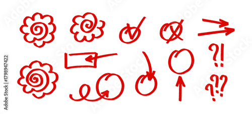 Red exam marks set, including checkmarks, crosses, hanamaru signs and grading symbols. Simple hand drawn vector elements for educational or evaluation themed designs, exam grades set.