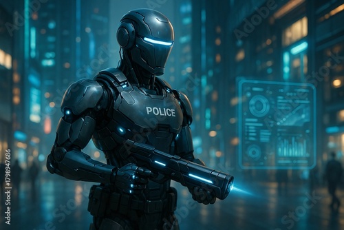 Futuristic Cyborg Police Officer or Robot Soldier with Weapon and Digital Interface in a Neon City Night