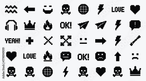 Pixel Art Icon Set Collection with Various Symbols and Expressions