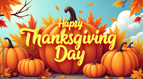 Soft textured autumn setting with pumpkins, fall branches, and hand-lettered Happy Thanksgiving Day text in a warm color palette