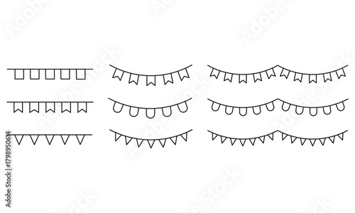 Doodle flags and ribbons. Hand-Drawn Party Bunting Garland Set. Simple banner garland decoration, birthday party and carnival bunting.