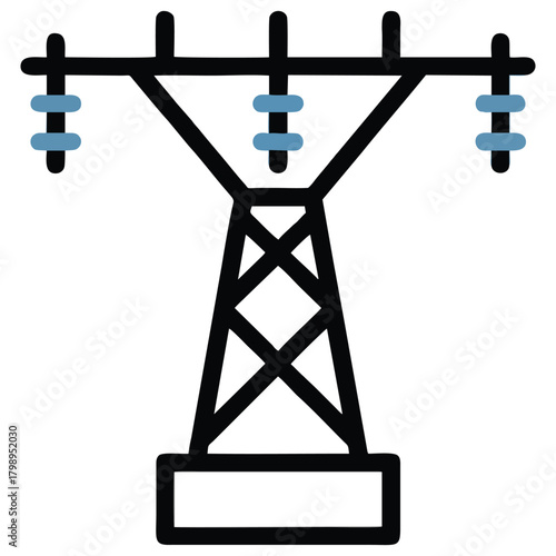 Electricity pylon silhouette transmitting power, energy infrastructure icon vector