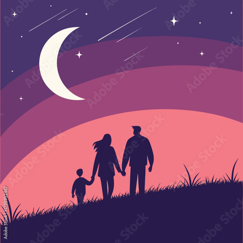 Family Silhouette Under a Starry Night Sky with Crescent Moon

