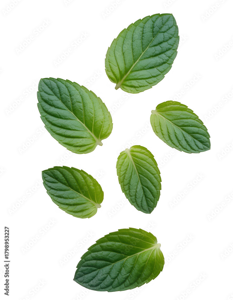 Fototapeta premium Green mint leaves scattered isolated on a transparent background