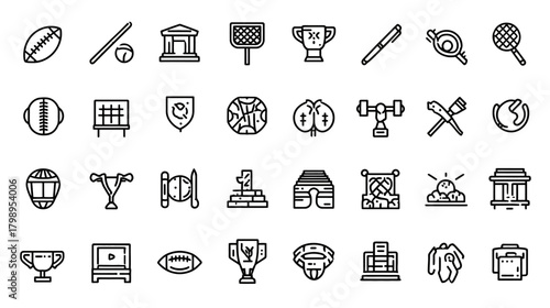 Comprehensive outline sports icons collection. Vector set of athletic equipment, game symbols, and competition elements.