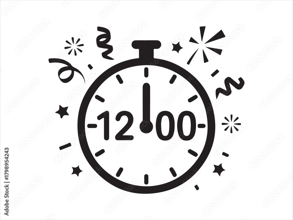 Fototapeta premium New Year Countdown Clock Icon – Midnight Celebration Illustration