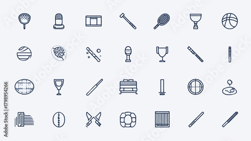 Comprehensive Line Art Vector Icons Set. Minimalist Outline Symbols for Sports, Hobbies, Leisure, Gaming, and UI Design.