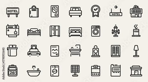 Hotel and Accommodation Line Icons Set: Hospitality Services, Room Amenities, and Lodging Symbols Collection