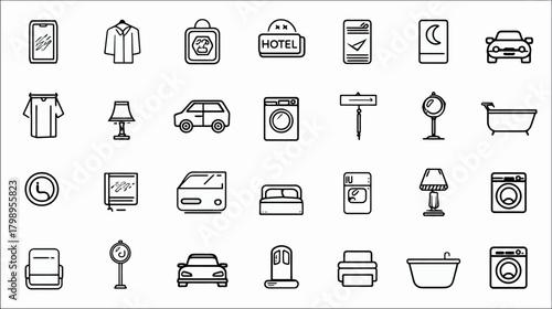 Set of diverse outline icons for travel, accommodation, daily life, and personal items. Modern black and white vector graphics.