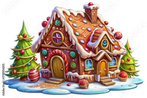 Detailed handmade gingerbread house covered in icing and candy, placed on snowy tabletop with decorated Christmas tree glowing in white background