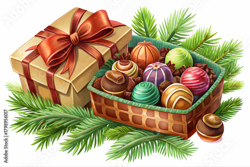 Assorted chocolates in elegant holiday gift box wrapped with velvet ribbon, pine branches on white isolated background