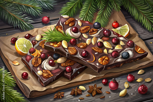 Handmade dark chocolate cartoon vector bark decorated with roasted nuts, dried cranberries and white drizzle, placed on baking parchment with Christmas decor
