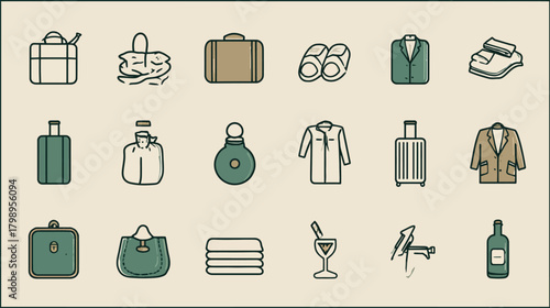 Travel and hotel amenities vector icon set. Hospitality, vacation, luggage, personal care, and leisure flat line illustrations.