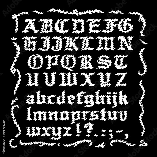A decorative gothic-style alphabet set featuring uppercase and lowercase letters with a thorny, textured design. 
