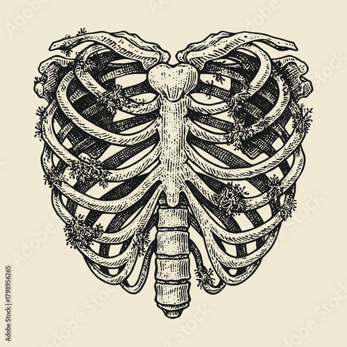 Floral ribcage anatomical botanical vintage vector for tattoo concepts, medical art, and surreal illustration themes