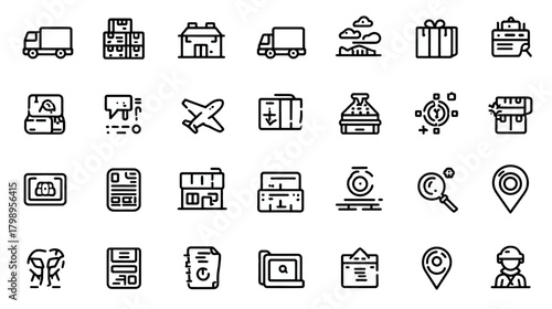 Logistics and Delivery Outline Icons Set for E-commerce, Shipping, and Global Supply Chain Management
